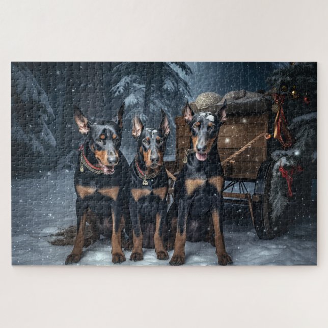 Quebra-cabeça Decoração de Natal Trenó Doberman Snowy  (Horizontal)