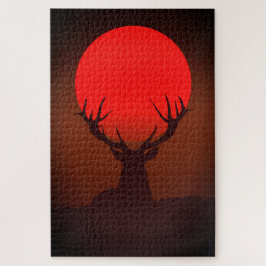 Quebra-cabeça Deer Silhouette with Fiery Red Sunset