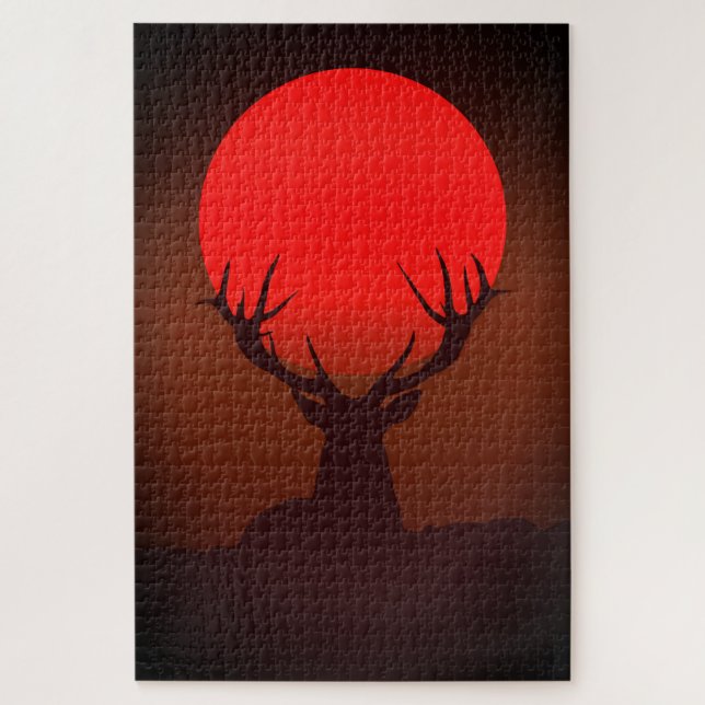 Quebra-cabeça Deer Silhouette with Fiery Red Sunset (Vertical)