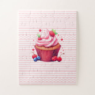 Quebra-cabeça Delicioso Cupcake de Morango Rosa Branco Puzzles