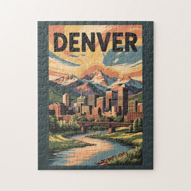 Quebra-cabeça Denver Colorado Illustração Sunset Viagem Art (Vertical)