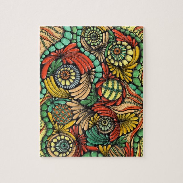 Quebra-cabeça Desafiador Zentangle Tropical Verde e Laranja Abst (Vertical)
