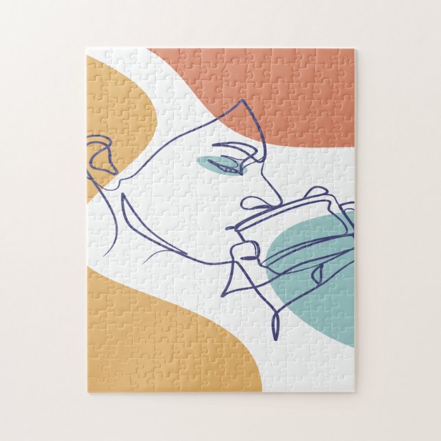 Quebra-cabeça desenho de arte linear pôster de mulher bebendo ca (Vertical)
