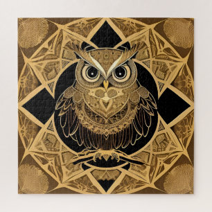 Quebra-cabeça Desenho de Mandala de Coruja Decorativa Dourada