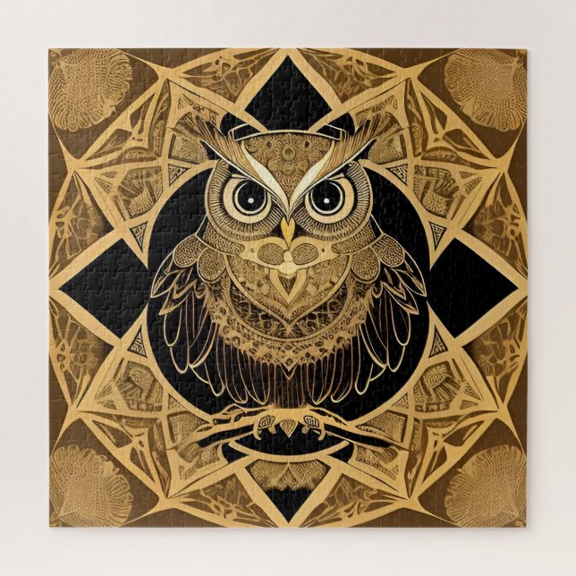 Quebra-cabeça Desenho de Mandala de Coruja Decorativa Dourada (Vertical)