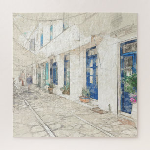 Quebra-cabeça Desenho de Walking nas ruas gregas tradicionais