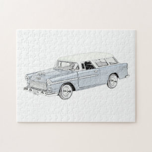 Quebra-cabeça Desenho nominal de Chevy 1955, azul e branco