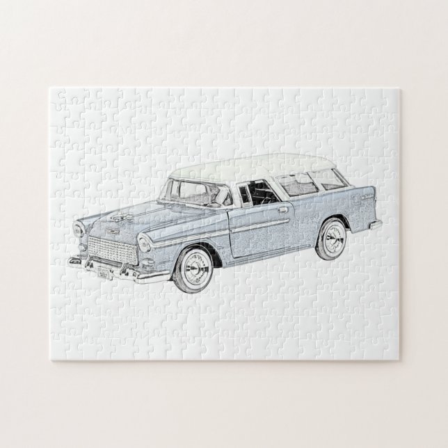 Quebra-cabeça Desenho nominal de Chevy 1955, azul e branco (Horizontal)