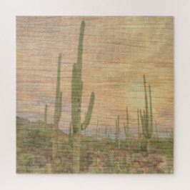Quebra-cabeça Desert Cactus Plants On Wood Grain Photo Image