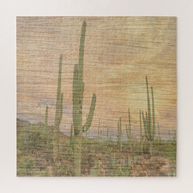 Quebra-cabeça Desert Cactus Plants On Wood Grain Photo Image (Vertical)