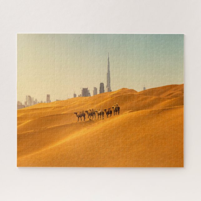 Quebra-cabeça Desertos | Vista Skyline do Dubai com Camelos (Horizontal)