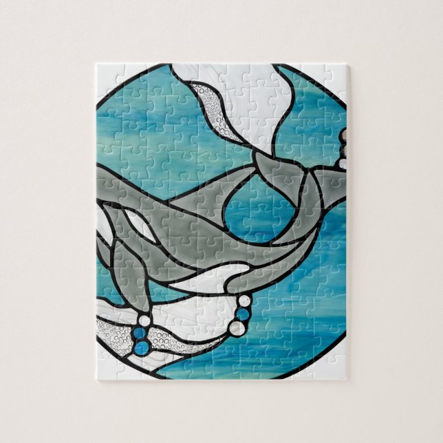 Quebra-cabeça Design da arte do vitral da baleia da orca (Vertical)