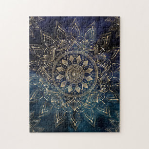 Quebra-cabeça Design Elegante Dourado da Galáxia Azul de Mandal