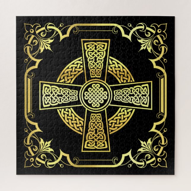 Quebra-cabeça Design irlandês de cruz celta/preto/ouro/rico pret (Vertical)