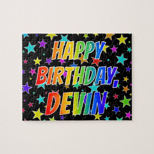 Quebra-cabeça "DEVIN" Primeiro Nome, Diversão "FELIZ ANIVERSÁRIO (Horizontal)