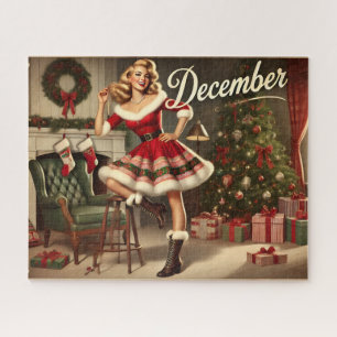 Quebra-cabeça Dezembro Retro Natal Loura Pin-Up Girl