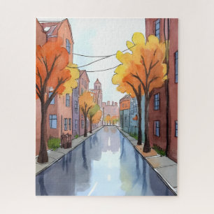 Quebra-cabeça Dia Chuvoso em Boston   Aquarela Arte de Viagem MA