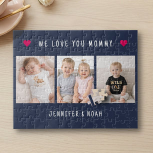Quebra-cabeça Dia das Mães Personalizado 3 Fotos Corações Azul M
