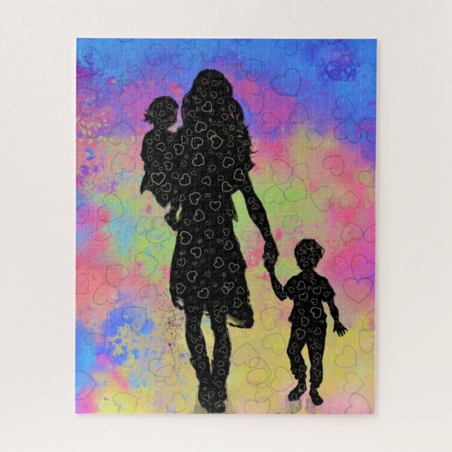 Quebra-cabeça Dia de as mães - Mãe e Crianças - Desenho de Arte (Vertical)