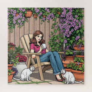 Quebra-cabeça Dia de Relaxamento Mulheres com café, gatos e pl