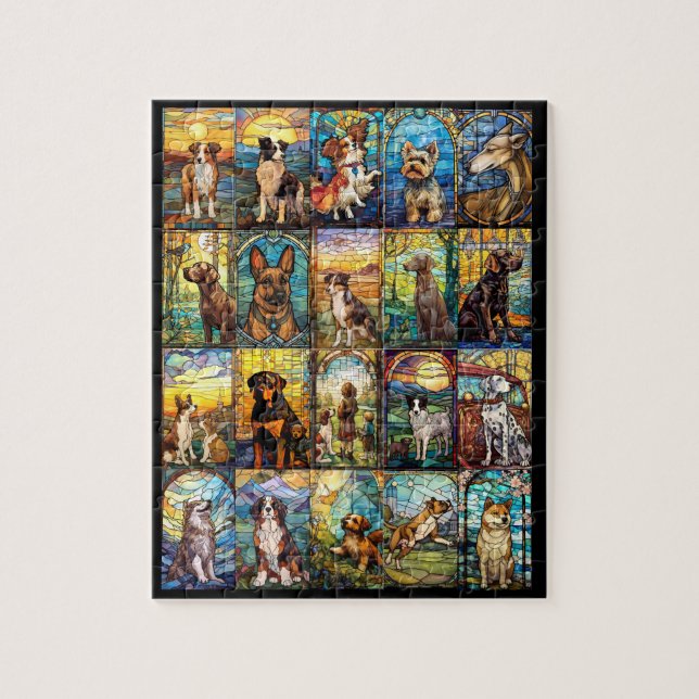 Quebra-cabeça Diferentes Raças de Cães Manchas Modo Vidro (Vertical)