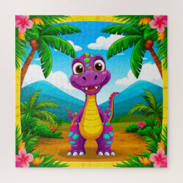 Quebra-cabeça Dinossauro Cartoon em Cena Tropical
