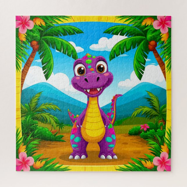Quebra-cabeça Dinossauro Cartoon em Cena Tropical (Vertical)