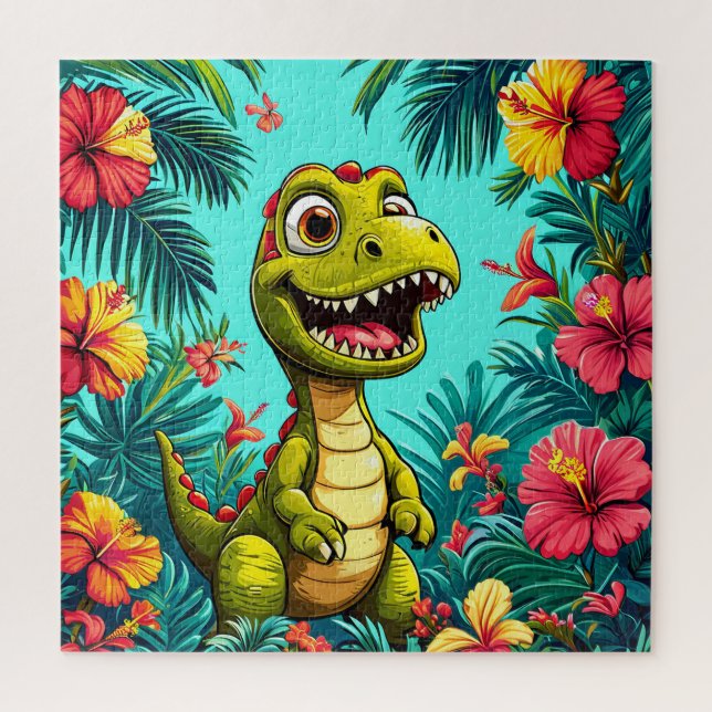 Quebra-cabeça Dinossauro De Cartoon Cheio Com Flores Tropicais (Vertical)