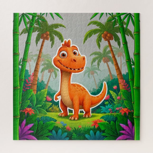 Quebra-cabeça Dinossauro Laranja Divertido em um Cenário de Selv (Vertical)