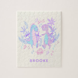 Quebra-cabeça Dinossauros Dançantes Pastel Azul Roxo Personaliza