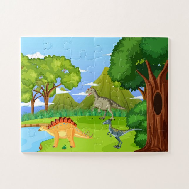 Quebra-cabeça Dinossauros Na Floresta Pré-Histórica Diversão De  (Horizontal)