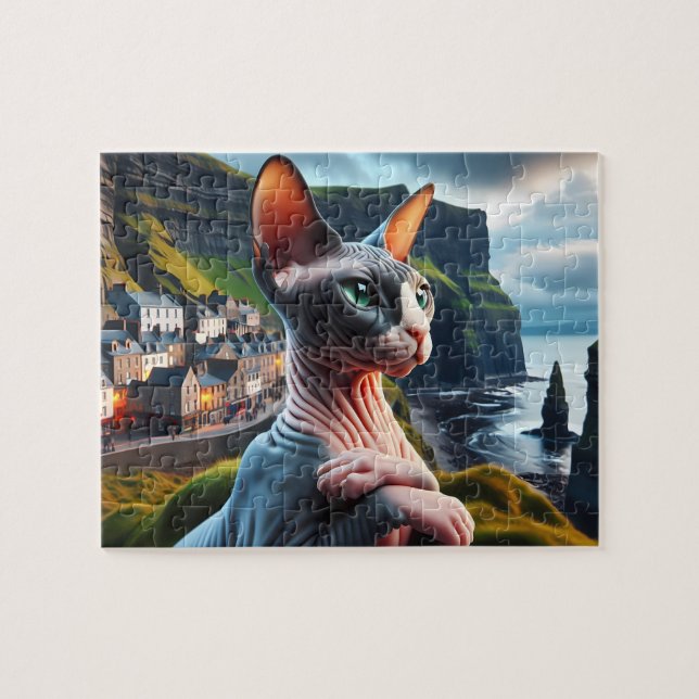 Quebra-cabeça do Gato Sphynx Falésias de Moher Irl (Horizontal)