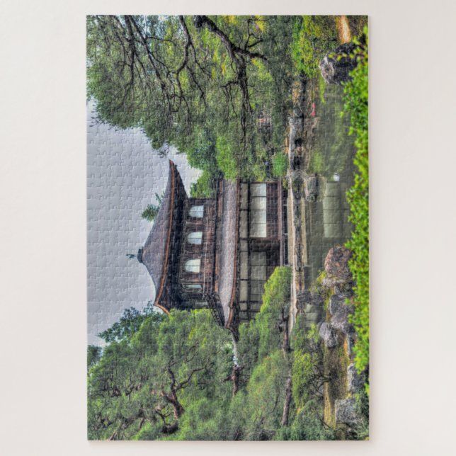 Quebra-cabeça no fundo, quebra-cabeças de madeira, estilo japonês, natureza  com um templo ao amanhecer