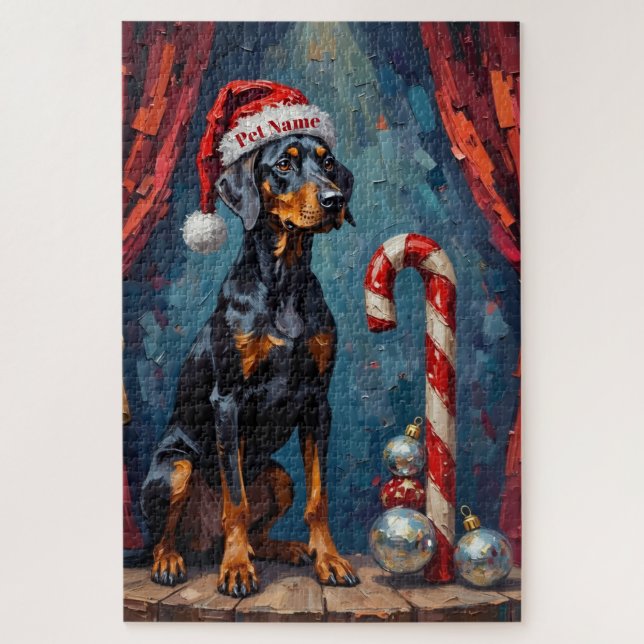 Quebra-cabeça Doberman Balancing Act Christmas Candy Cane Hat (Vertical)