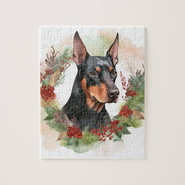 Quebra-cabeça Doberman Christmas Wreath Festivo Pup (Vertical)