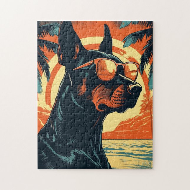 Quebra-cabeça Doberman com óculos de sol em uma praia tropical (Vertical)