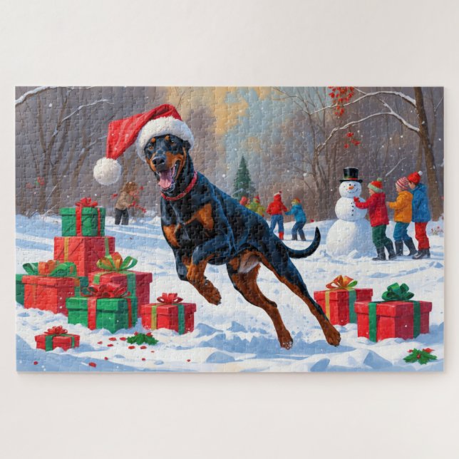 Quebra-cabeça Doberman correndo em neve com chapéu de Natal (Horizontal)