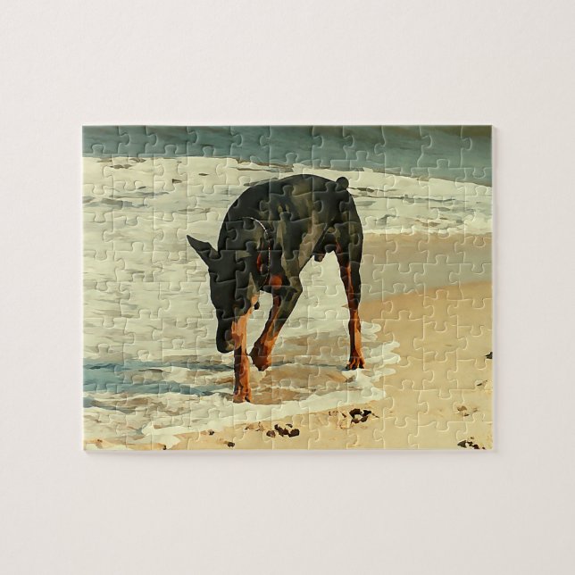 Quebra-cabeça Doberman na imagem da pintura da praia (Horizontal)