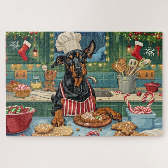 Quebra-cabeça Doberman Pinscher Holiday Baking Festivo Natal (Horizontal)
