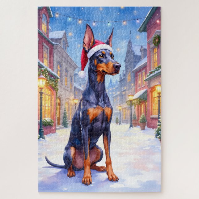 Quebra-cabeça Doberman Pinscher Snowy Village Santa Hat Christma (Vertical)