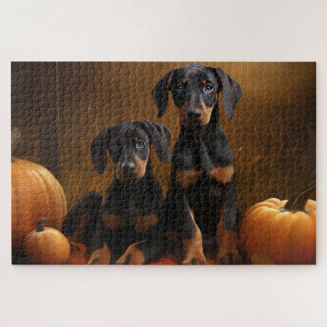 Quebra-cabeça Doberman Puppy Autumn Delight Pumpkin (Horizontal)