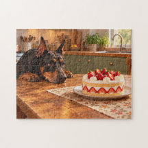 Doberman Sonhando com Bolo de Morango