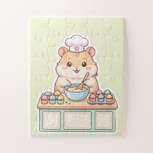 Quebra-cabeça Doce Hamster Kawaii Chef Assando Cupcakes Pastel  (Vertical)