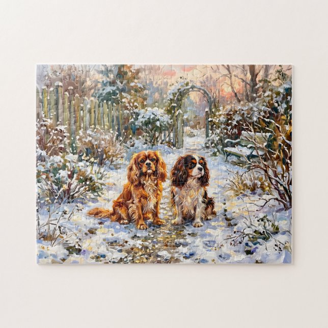 Quebra-cabeça Dois Cavalier Spaniels em Caminho de Inverno (Horizontal)