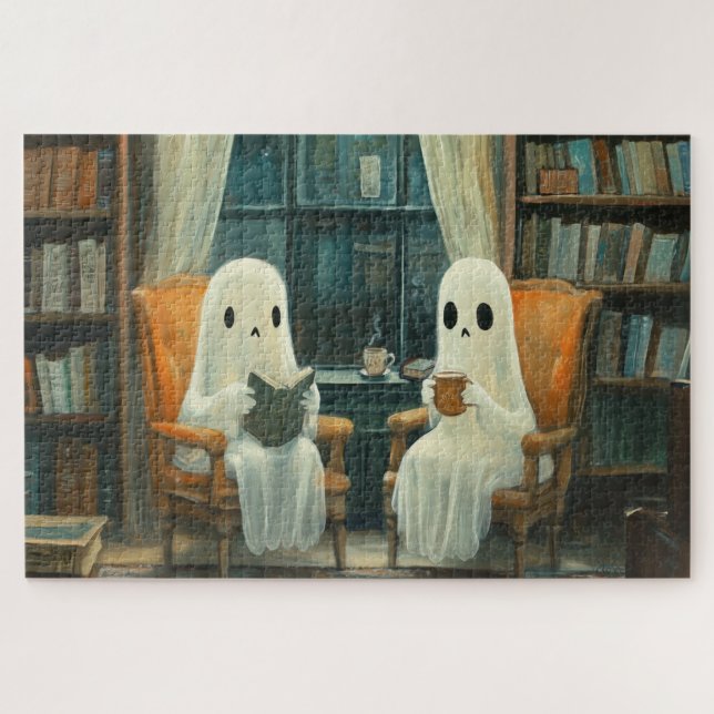 Quebra-cabeça Dois Fantasmas Cozy Lendo em uma Biblioteca (Horizontal)