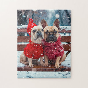 Quebra-cabeça Dois Frenchies em Roupas de Inverno de Tricô