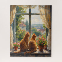 Dois gatos ginger olhando pela janela
