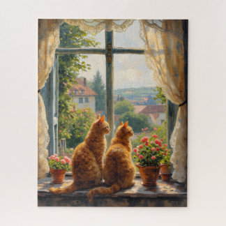 Quebra-cabeça Dois gatos ginger olhando pela janela