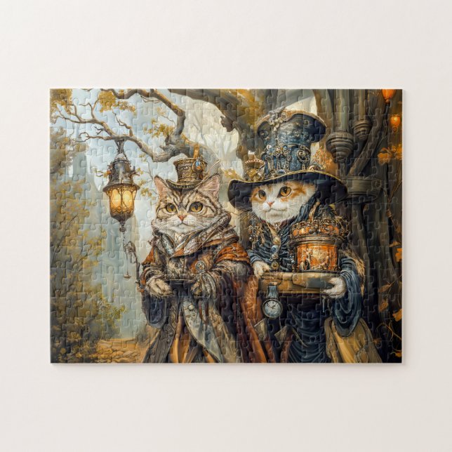 Quebra-cabeça Dois Gatos Mágicos em Cena de Fantasia Steampunk (Horizontal)