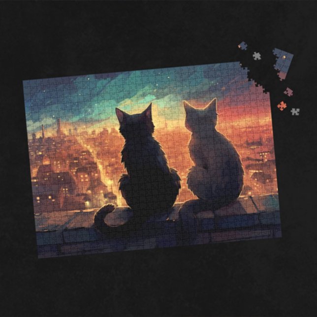 Quebra-cabeça Dois gatos no terraço, procurando na cidade à noit (Two Cats on a Rooftop Overlooking City at Night Puzzle)